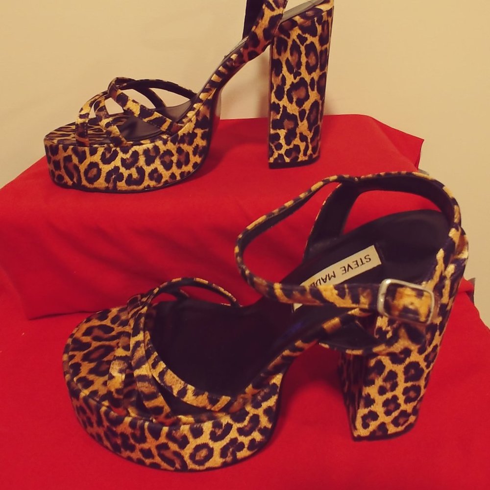 Leopard Satin Platforms w ankle straps - worn once during fashion show